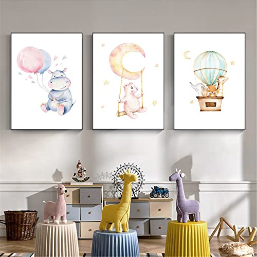EXQULEG 3er Set Poster Kinderzimmer Deko - Bilder Babyzimmer Junge Mädchen -Wandbilder Ohne Rahmen - Cartoon Elefant Bär Ballon Sternen Mond (B,30x40cm)