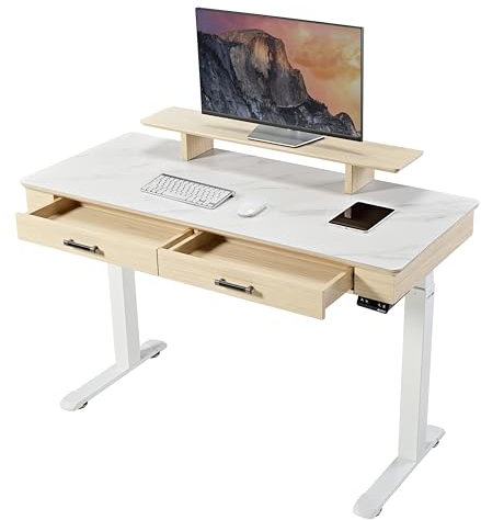 EUREKA ERGONOMIC Höhenverstellbarer Schreibtisch Elektrisch 140x60cm Großer Computertisch mit Schieferplatte Doppelmotor Elektrischer Stehpult Pc Tisch mit Doppelschublade,Monitorständer,APP-Steuerung