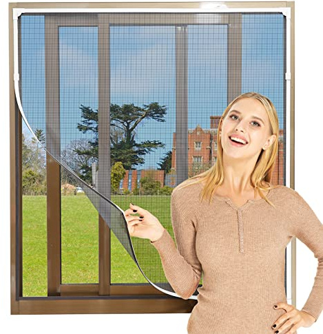 NeatiEase Adjustable DIY Magnetic Fly Screen Window Max 150x 180 cm Fits Any Size Smaller Insect Mesh Mosquito Bug Net for Windows (Includes Two Sets of Accessories，White Frame Black Net)