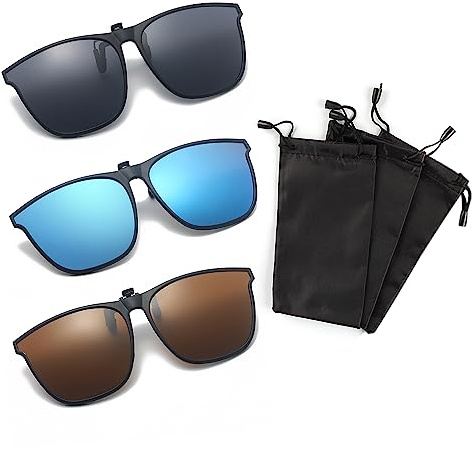 3pcs Clips de Lunettes de Soleil Rétro Flip Avec Sacs, Lentille de Couleur Mode, Protection UV, Unisexe pour l'Extérieur et la Pêche