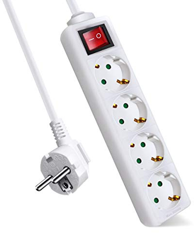 EXTRASTAR Regleta Alargador con 4 Enchufes e Interruptor, Cable 5M, para el hogar, Oficina y Viajes, 16A, 250V, 3680W, Blanco