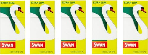 600 SWAN Extra Slim Filter Tips | 5 Packs X 120 SWAN Extra Slim Pre Cut Filter Tips, Paper, Yellow, 4 x 4 x 2 cm - Cigarette Filter Tips - Premium Smoking Accessories by Swiss+