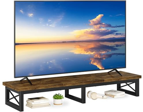 IBUYKE Mueble de TV para 32-60 TV,Mesa Televisión Estrecha con 2 balda,Doble Pantalla de Escritorio de Oficina,Mueble de TV para Hogar,Dormitorio,Sala de Estar,Marrón rústico TVT002H