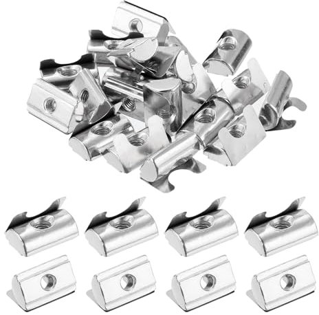 sourcing map 20Pcs M5 T Nuts Roll in Spring, T Nut with Spring Sheet Carbon Steel Nickel Plated for 3030/4040 Series Slot Aluminum Profile