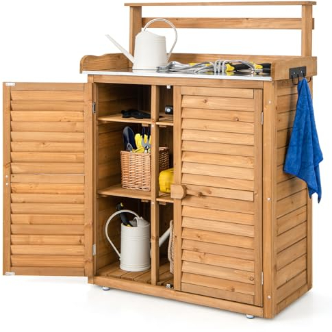 COSTWAY Pflanztisch Outdoor wetterfest, Gärtnertisch Holz, Blumentisch mit Unterschrank & verzinkter Arbeitsplatte & abnehmbaren Regalen, Gärtnertisch für Garten Terrasse Hof, 87x45x120cm, Natur