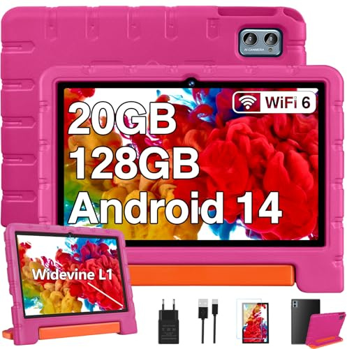 ZIOVO Tablet 10 Pulgadas Android 14 para Niños, 20GB RAM+128GB ROM (TF 1 TB), Widevine L1, WiFi 6, Octa-Core, 6000mAh | 5+8 MP | Bluetooth 5.0 | Control Parental, Funda de EVA Rosa