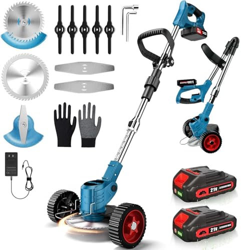 Rasentrimmer,24V Elektrischer Rasentrimmer mit 3 Arten von Schneidklingen,2Pcs 2000mAh Akku,4-in-1 Rasentrimmer Elektrisch für Elektro-Trimmer für Hof, Garten