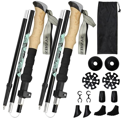 Lot de 2 bâtons de randonnée pliables, en alliage d'aluminium léger avec résistance aux chocs et fermeture rapide, bâtons de marche nordique avec poignées en liège pour la randonnée, le trekking