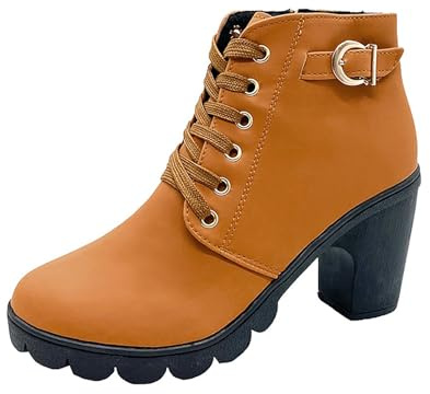 Générique Women's Boots Round Toe High Heel Ankle Boots Wide Calf Outdoor Boots Warm Winter Lace Up Thick Shoes For Women Shoes Chic And Comfortable, yellow, 8 UK