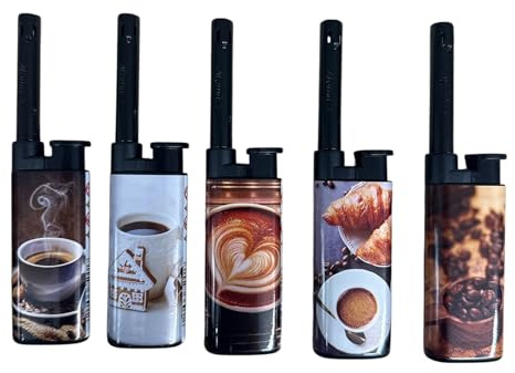 Accendino Multiuso per Cucina, Barbecue, Camping, Ricaricabile, Multicolore, con Impugnatura Ergonomica, Fiamma Regolabile (5 pz. Caffe)