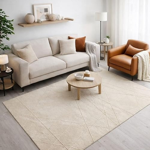 Alfombra moderna ultra suave de pelo corto, ligera y con base antideslizante. Lavable en la lavadora. Plegable, flexible y fácil de almacenar. Ideal para salón y dormitorio STORESDECO Beige 140x200 cm