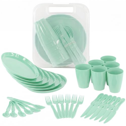 GEEZY 31 Piece Picnic Set for 6 People - Reusable Camping Dinner Set with Carry Box, Green Plates & Cups, Dishwasher Safe Camping Cutlery - Great for Outdoor BBQs, Summer Holidays, Poolside
