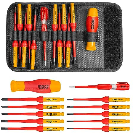 INGCO 12Pcs Interchangeable Insulated Screwdriver Set 10,00V with GS, VDE Certification Electrician Screwdriver HKISD1201