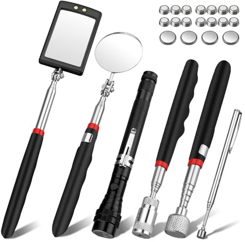 XUNTOP 6PCS Telescopic Magnet Set, Telescopic Magnetic Pickup Tool Kit with 15lb/8lb/1lb Strength, 360° Inspection Mirrors & Flashlight, Magnetic Pickup Tool for Automotive Repair, DIY & Home Use