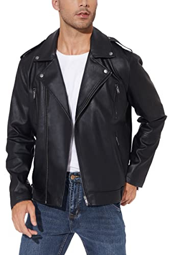 Fahsyee Läderjacka herr, konstläderjacka bomberjacka män motorcykel revers dragkedja slim fit biker rock svart, svart, S
