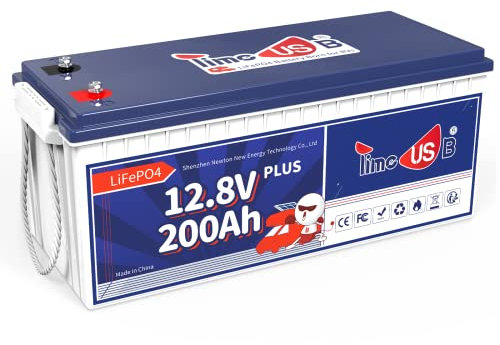 Timeusb Batterie LiFePO4 12V 200Ah Plus Batterie Rechargeable avec Puissance de Sortie Max. 2560W, avec 200A BMS 15000 Cycles Profonds pour Camping-Car Caravane Solaire Bateaux