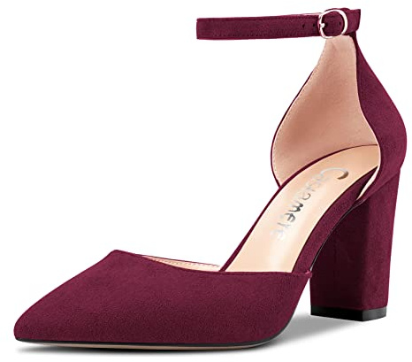 Castamere Mujer Chunky Ancho Alto High Heel Puntiaguada Punta Pumps Correa Tobillo Cierre con Hebilla de Boda Fiesta Sexy 8.5 CM Heels Borgoña Rojo 38 EU