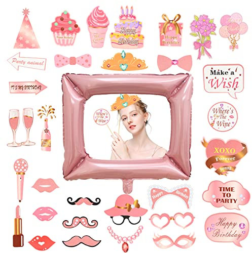 GLAITC Gold Rose Selfie Frame, Inflatable Picture Frame With 33 Pcs Photo Booth Props for Any Ages, Birthday Party Decor for Girls Boys Ladies
