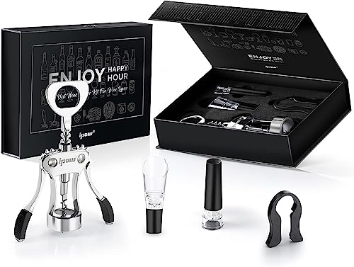ipow 4-in-1 Korkenzieher Set, Profi Weinöffner Set mit Zinklegierung Flaschenöffner, Folienschneider, Weinausgießer und Vakuum Weinverschluss, perfektes Weinflaschenöffner Zubehör für Weinliebhaber