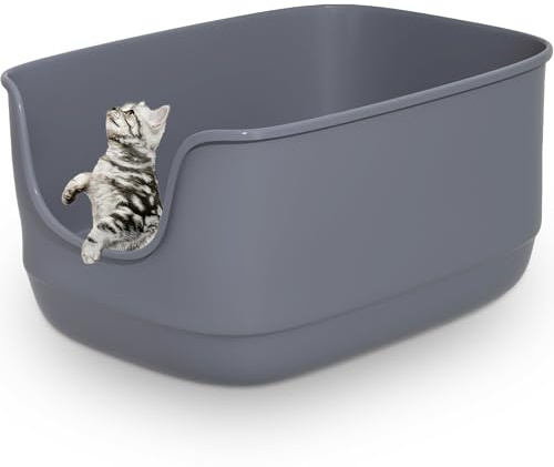 Gefryco Large Cat Litter Box with High Sided 24.6x18.3x12.2 - Jumbo Extra Large Open Anti - Splashing High Wall for Multiple Cats (Grey)