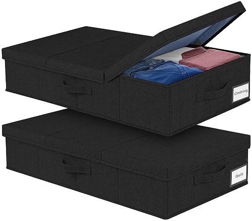 Lot de 2 boîtes de rangement sous le lit - Pliable - Avec couvercle - Grande boîte de rangement avec poignée - Pour chaussures, coussins, vêtements, couvertures, couettes - Noir