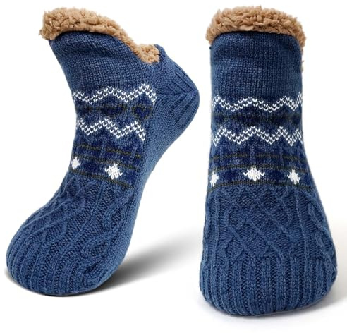 LOFIR Chaussettes Pantoufles de Hiver pour Homme: Chaussettes Pantoufles Antidérapantes en Polaire Chaudes - Chaussettes Thermiques Fourrées Épaisses pour Cadeau de Noël 1 Paire Bleu 39-42