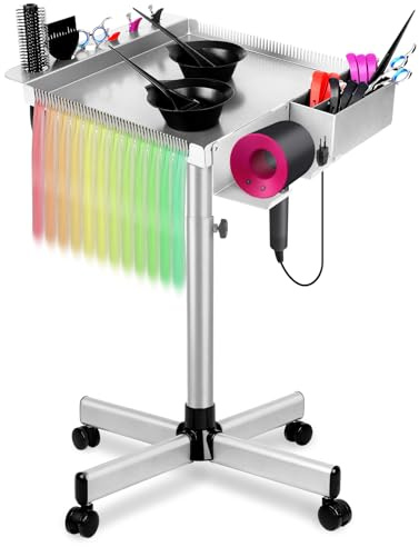 Salon Rolling Tray on Wheels, Hairstylist Tray with Storage Platform and Hair Separator Stand for Salon Station, Salon Tray Cart, Metal Service Instrument Storage Tray Accessory for Salon&Spa Use