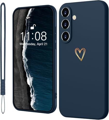 Mitetabo für Samsung Galaxy S24 FE Hülle Silikon mit Gold Liebesherz,Handyhülle Samsung S24 FE 5G Dünn Gold Love Schutzhülle Slim Kratzfeste Rundumschutz Case für Samsung S24 FE Blau