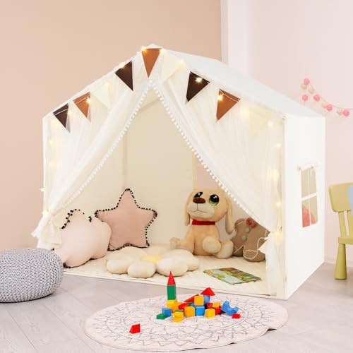 HOMASIS Tente de Jeu pour Enfants Indoor, Maison de Jeu avec Tapis & Lumières & Rideau & Drapeaux, Tente de Princesse en Coton et Polyester, pour Enfants de 3 Ans et Plus, pour Chambre (Beige)