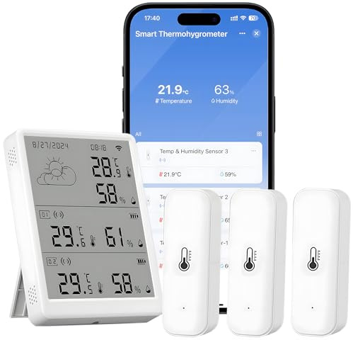 Comboss Thermomètre hygromètre WiFi - Capteur de température et d'humidité par application - Portée de 100 m - Compatible avec Alexa (3 capteurs + station de base)