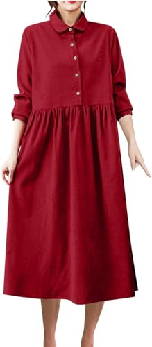Suncadmious Robes en velours côtelé de couleur unie pour femmes automne et hiver bouton de cravate chemise longue jupe plissée trapèze robes midi à revers à manches longues (Rouge,M)
