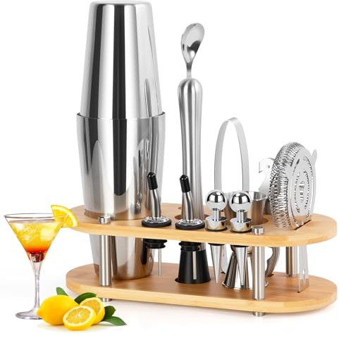 FoiiLiio 12 Pezzi Kit Cocktail, 750ML Boston Shaker Cocktail con Accessori per Cocktail, Cocktail Set in Acciaio Inox con Supporto in Bambù per Home Bar, Kit Barman, Set Cocktail Professionale