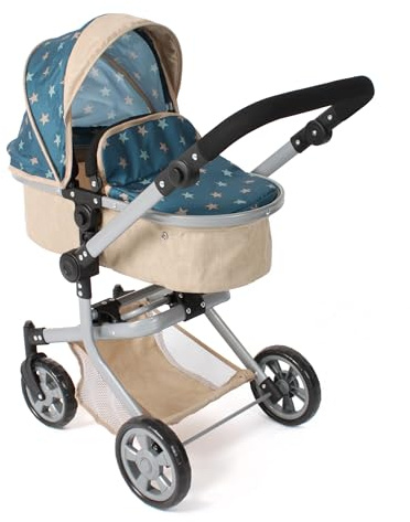Bayer Chic 2000® Passeggino per bambole 2 in 1 Mika – stelline beige-turchese – pieghevole – manico regolabile in altezza 47-80 cm – struttura moderna – Bambole fino a 52 cm – 4-8 J