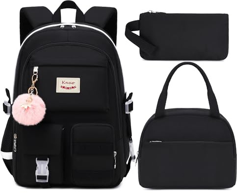 School Backpack for Teen Girls Women College Laptop Backpacks Kids Cute Bookbag Set with Lunch Box Pencil Case Elementary Middle High Campus Bag 3 Pcs Students Bookbags Sets (Black, Large)