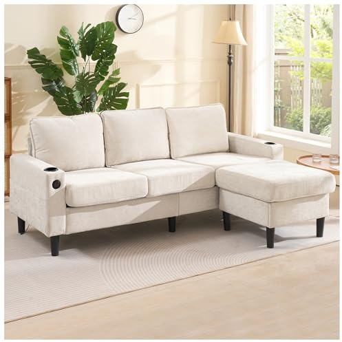Wyibwy Sofá de esquina moderno, sofá modular, sofá de 3 o 4 plazas, sofás y sillones acolchados con puertos USB y C, con 2 portavasos, sofá en L, tejido de lino, 202 x 137 x 80 cm (beige)
