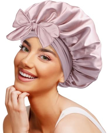 Galsangflower Bonnet de Nuit Réversible en Satin pour Dormir, Ajustable avec Long Elastique pour Cheveux Bouclés, Bonnet à Double Couche pour Femme, Noël, Anniversaire, Gris Or Rose