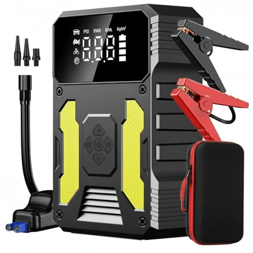 Arrancador portátil 3000A con compresor 150 PSI, 3 modos LED, carga rápida, kit 4 en 1 y seguridad avanzada, para coche, SUV, diésel hasta 8L, ideal camping, viajes y verano