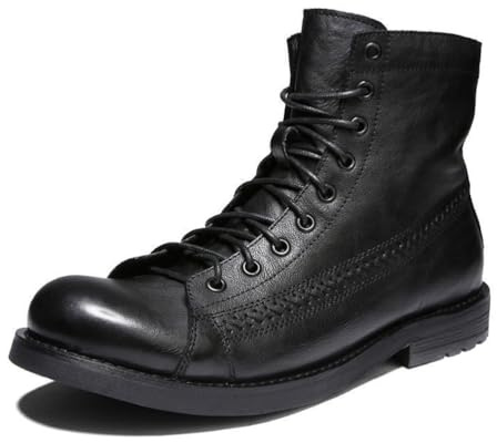 ENWIND Bottes de Moto en Cuir pour Hommes à Lacets, Bottes de Combat, Talon Bas Bottines la Cheville,Noir,45 EU