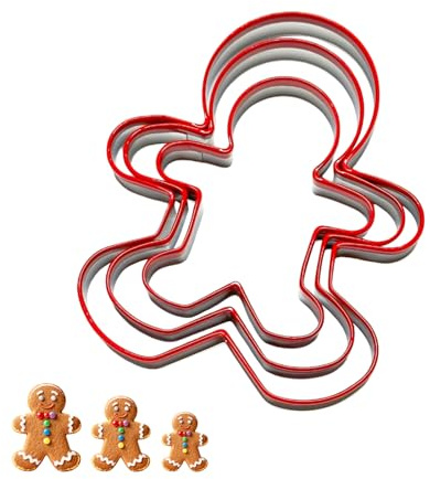 3 PCS Gingerbread Man Cookie Cutters Set, Gingerbread Man Biscut Cutters Set Stainless Steel Christmas Cookie Cutters with Red Environmental PVC Edge Biscuit Cutter Pastry Cutter