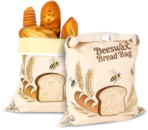 2 bolsas de pan de cera de abeja para pan casero, bolsas reutilizables de cera de abeja para pan de masa madre, bolsa de algodón encerado con cremallera hermética, 43 x 33 cm