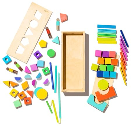 Lovevery La Boîte de Cubes en Bois, Blocs de Construction Enfants durables en Bois Massif, avec Plus de 20 activités et 18 Formes, Jouets éducatif STEM