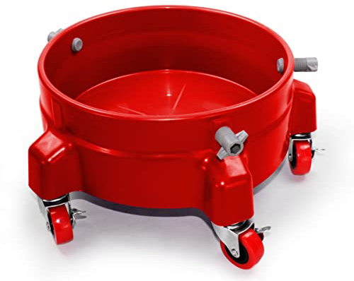 Heavy Duty Car Wash Bucket Dolly with 360° Swivel Casters | Fits 3.5–7 Gallon Buckets | 300 lb Capacity | Soap Holder | Rolling Pail Stand for Auto Detailing |Red