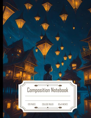 Composition Notebook College Ruled: Child Staring at the Sky with Floating Sky Lanterns, Kukup Village Landscape, Size 8.5x11 Inches, 120 Pages
