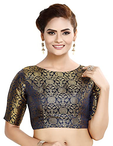 Madhu Fashion Womens Traditional Benaras Brocade Readymade Stitched Saree Blouse (44, Navy Blue)