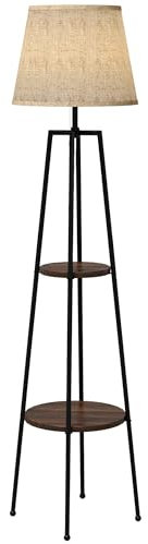 HOMCOM Lampada da Terra per Soggiorno in Metallo e MDF a 2 Ripiani, Lampada Moderna con Paralume in Tessuto, Ø42x166 cm, Nero e Marrone