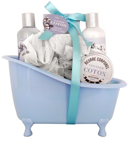 Cofanetto bagno in cotone – gel doccia 210 ml, latte corpo 210 ml, burro corpo, sapone, sale da bagno 100 g, fiore da massaggio, regalo donna bellezza, cura corpo, kit cocooning vasca da bagno vintage