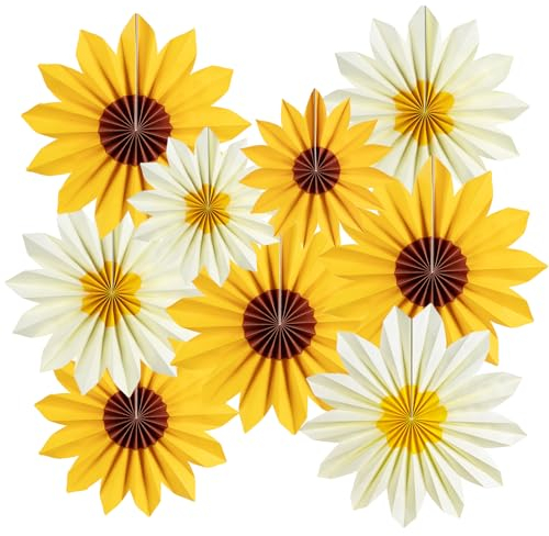Homarkable 9 Stück Sonnenblumen Papierfächer - Hängedeko in Beige & Gelb für Gartenparty, Hochzeit, Geburtstag & Tischdekoration, Sommerblumen Deko