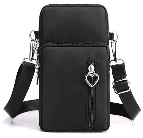 Narunii Handytasche zum Umhängen Damen,Kleine Umhängetasche damen Nylon Geldbörse Damen Brieftasche Kleine Umhängetasche für Alltag,Schule,Einkauf unter 7 Zoll (Schwarz)