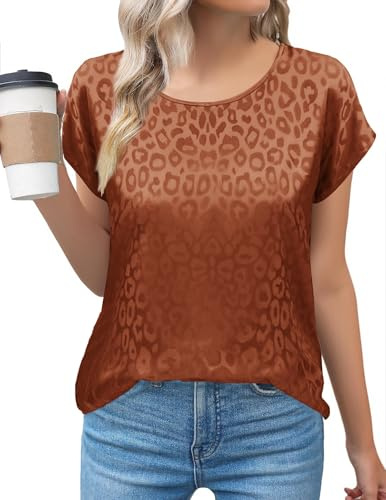 Zeagoo Camiseta de Mujer Satén Blusa Manga Corta Cuello Redondo Rojo Verano Tops Elegante Túnica Shirt, S