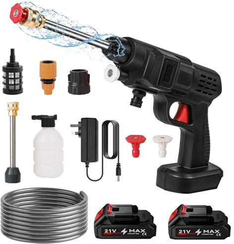 Pistola de Agua Alta Presión, Limpiador de Alta Presión Portátil con 2 Batería, Hidrolimpiadora de Alta Presion con Cargador y Manguera 5m,Pistola de Alta presión inalámbrica para Jardín y Coche